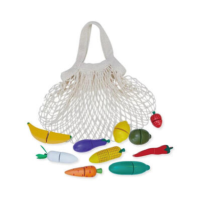 Teamson Little Chef Frankfurt Wooden Toy Vegetable and Fruit Shopping Mesh Bag 11 Piece Set
